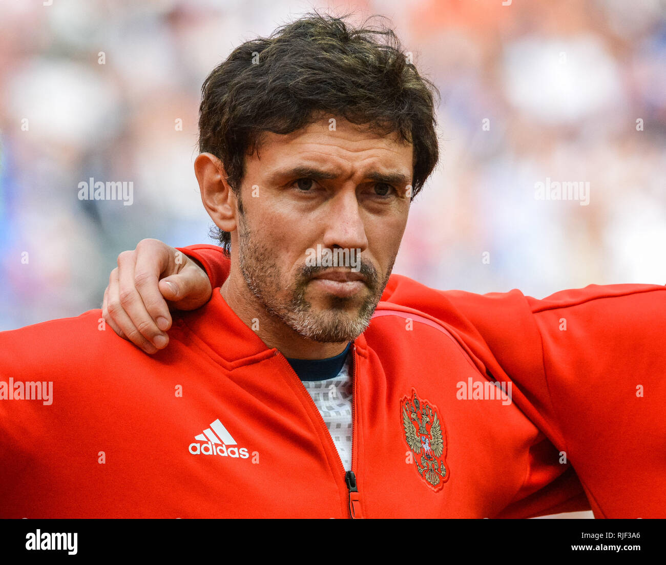 Moscou, Russie - 1 juillet 2018. Le milieu de terrain de l'équipe nationale de football de la Russie Yury Zhirkov avant la Coupe du Monde FIFA 2018 ronde de 16 match l'Espagne contre la Russie. Banque D'Images