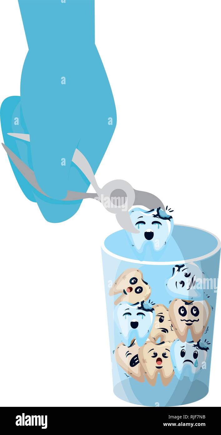 Les dents de la bande dessinée dans le verre avec la main à l'aide d'une pince Illustration de Vecteur