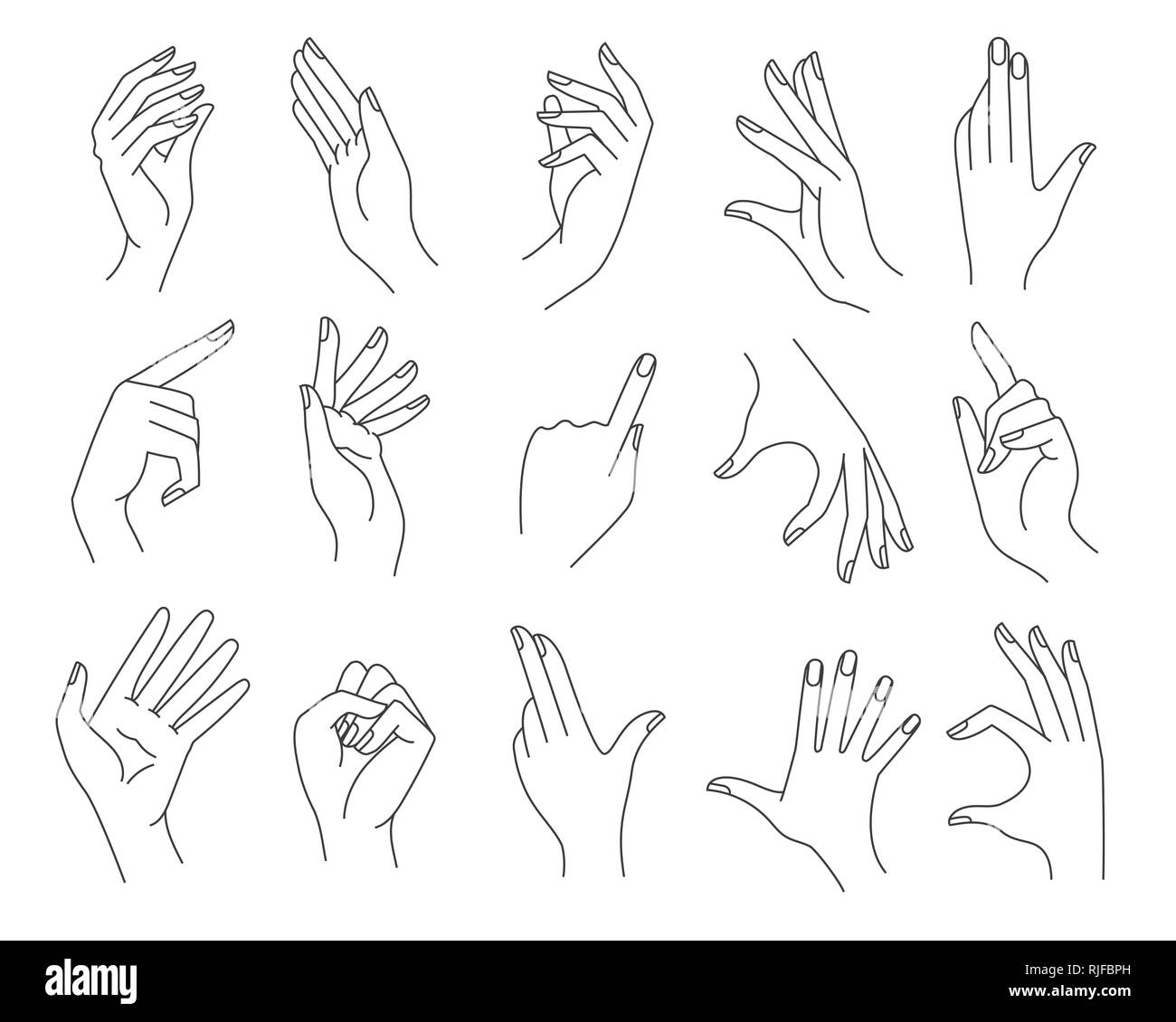 Femme ligne mains les gestes. Par contre les femmes d'illustration  vectorielle, formes, dessin femme ensemble geste isolé sur fond blanc Image  Vectorielle Stock - Alamy