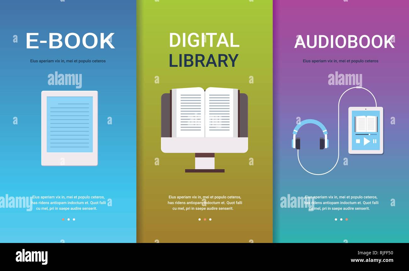 Set e-book livre audio La bibliothèque numérique en ligne collection concepts education e-learning livres lecture horizontale de la technologie copy space Illustration de Vecteur