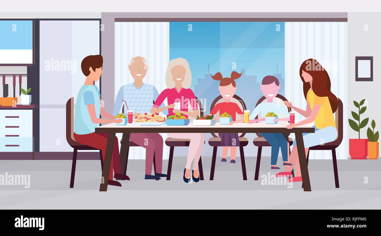 Multi generation family sitting around table manger repas ensemble heureux grands-parents parents et enfants cuisine intérieur moderne plate horizontale Illustration de Vecteur