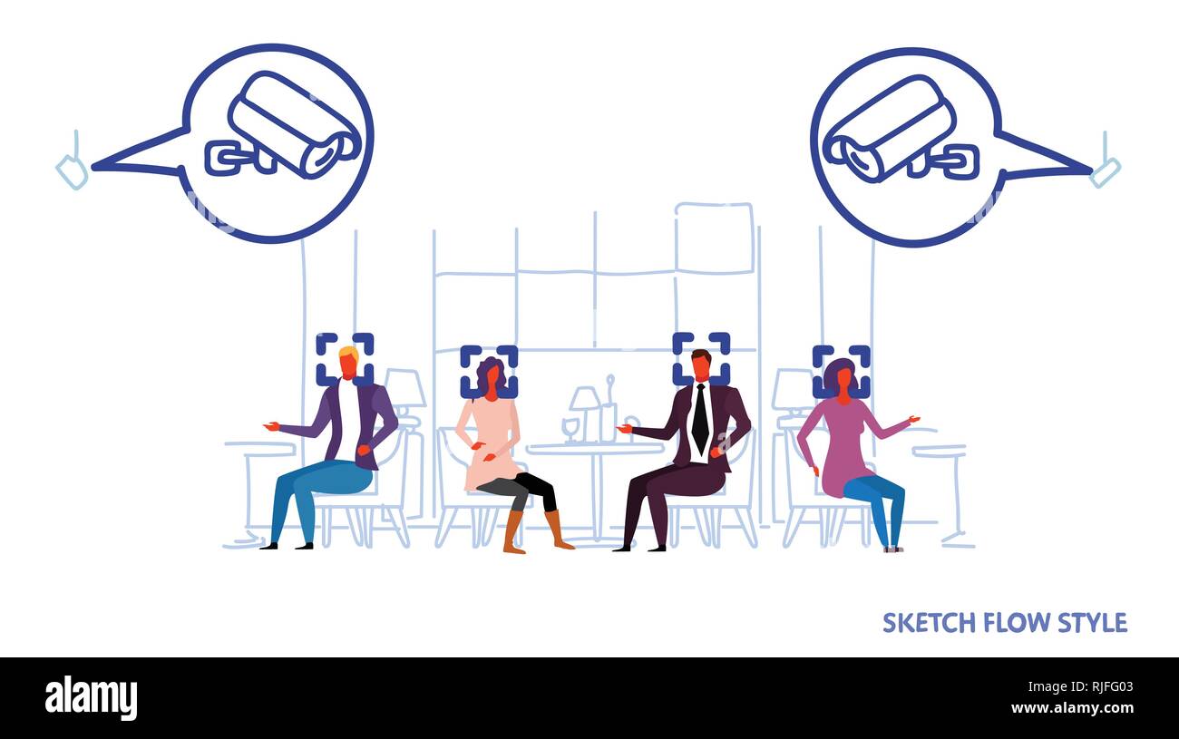 Les gens assis à la cafétéria visiteurs cctv café concept de reconnaissance faciale système de caméra de sécurité à l'intérieur restaurant moderne style débit croquis Illustration de Vecteur