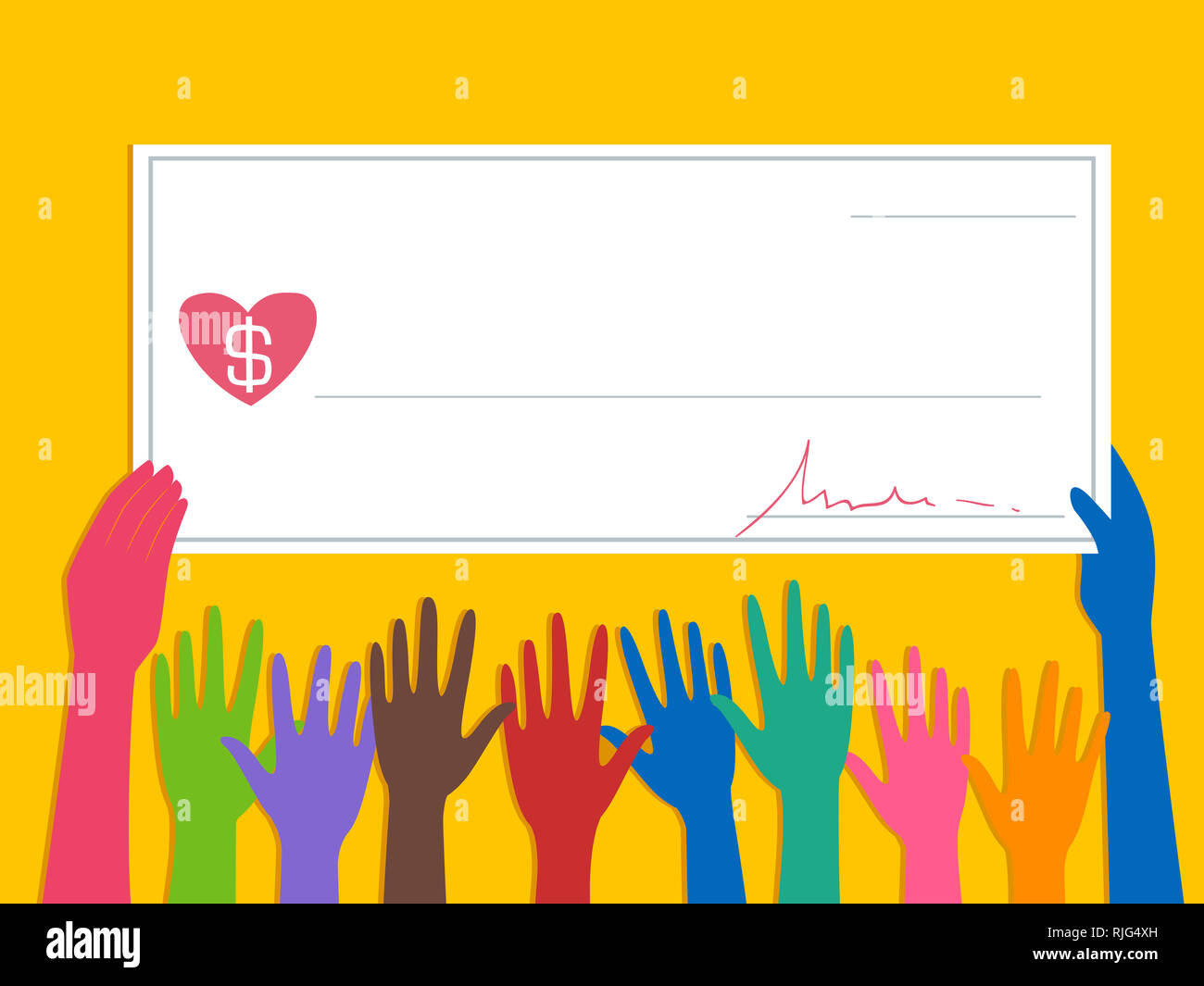 Illustration de plusieurs mains tenant un chèque en blanc signé avec coeur sur Dollar Sign Banque D'Images