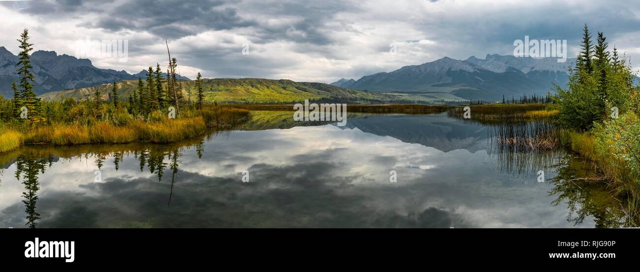 Paysage vallonné reflétée dans un lac, à l'automne, le lac Talbot, Jasper National Park, British Columbia, Canada Banque D'Images