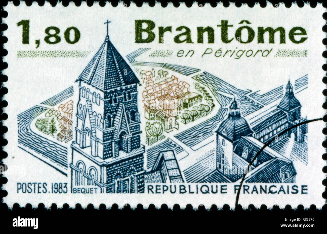 Timbre-poste français commémorant la ville française de Brantome dans le département du sud-ouest de la France 1982 Banque D'Images