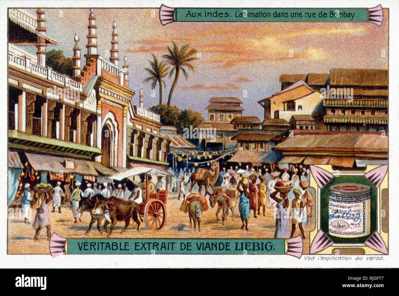 Carte Leibig montrant une scène de rue à Bombay (Mumbai) en Inde au cours de la règle britannique 1900 Banque D'Images