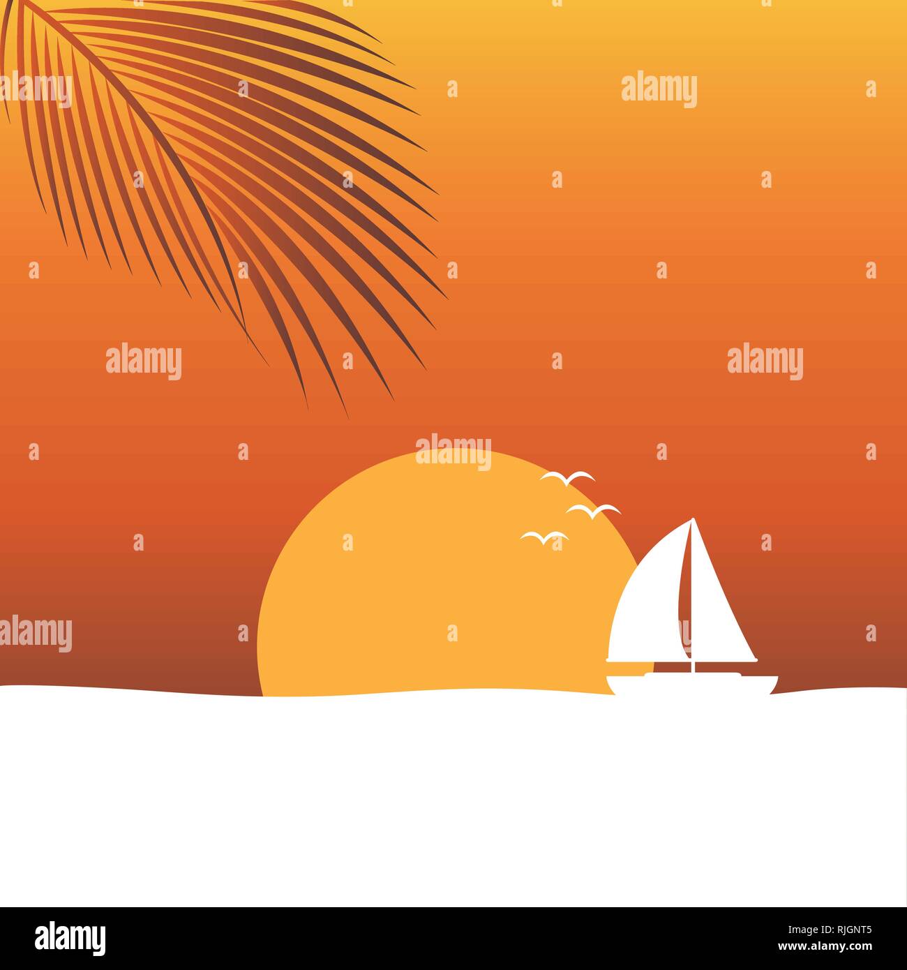 Coucher du soleil en mer nature paysage avec voilier et la feuille de palmier orange background vector illustration Illustration de Vecteur
