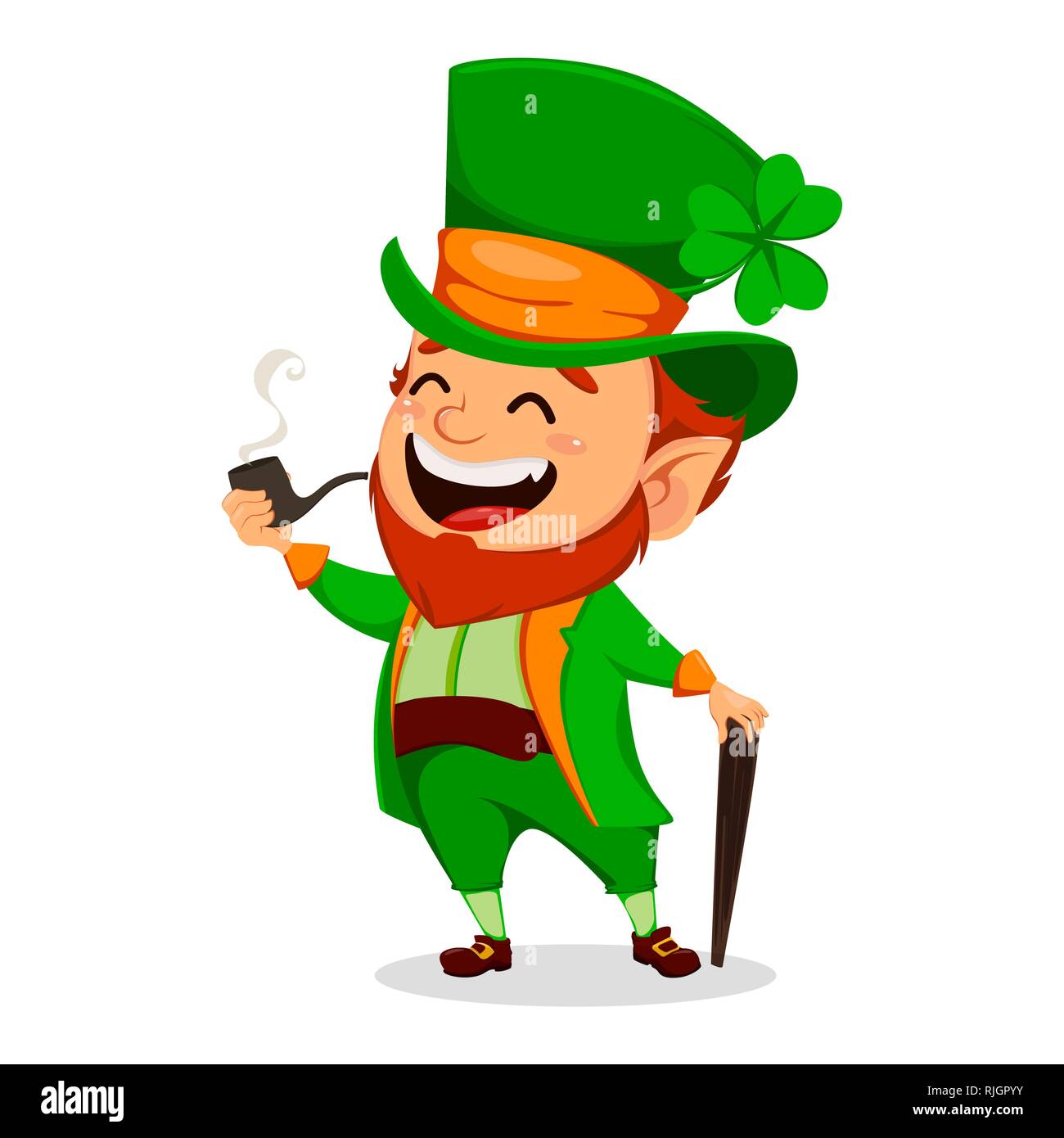 Saint Patrick day. Funny Leprechaun. Cute cartoon character holding pipe et canne. Vector illustration sur fond blanc. Illustration de Vecteur