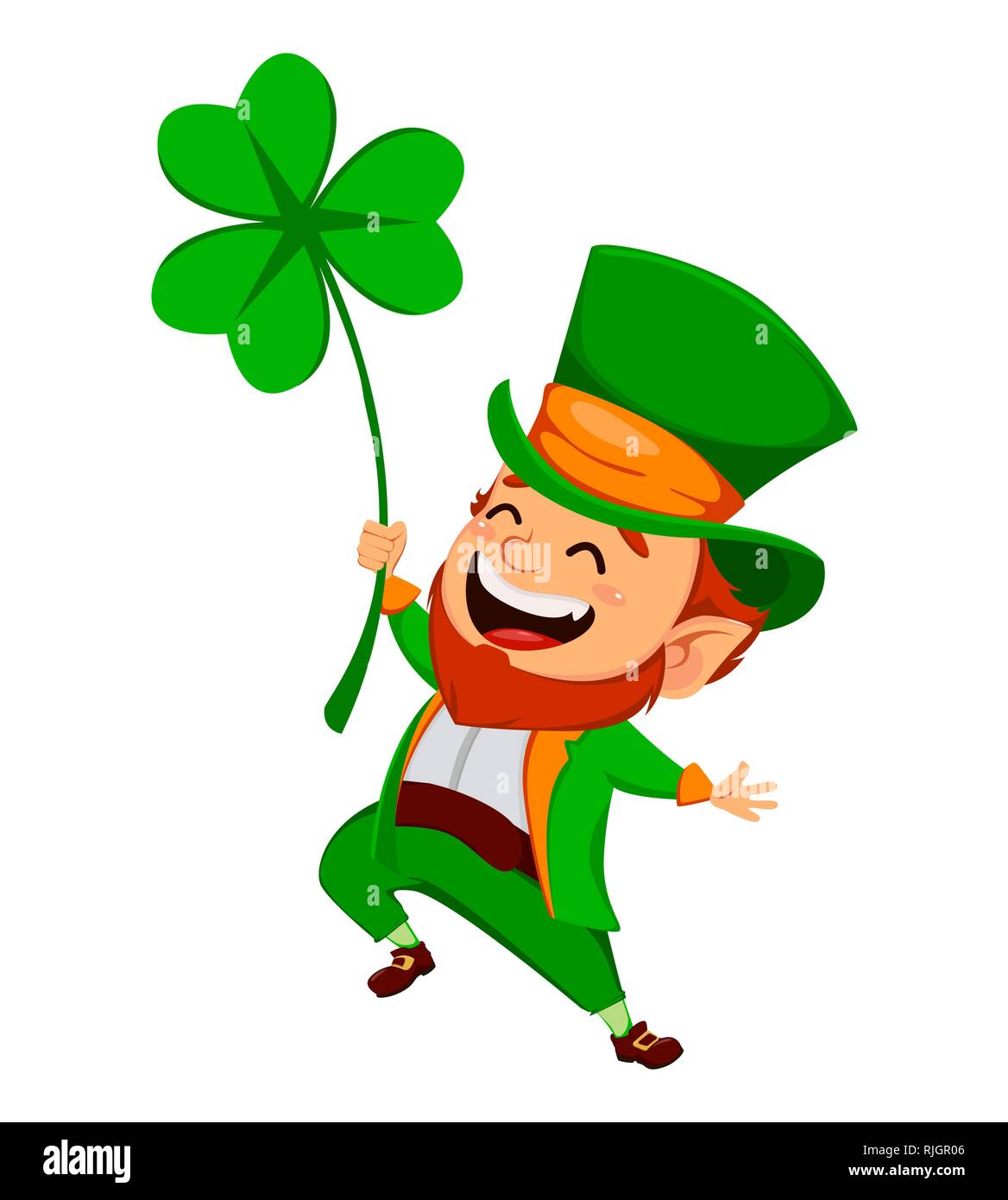 Saint Patrick day. Funny Leprechaun. Cute cartoon character holding big clover. Vector illustration sur fond blanc. Illustration de Vecteur