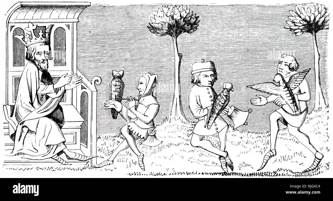 Une gravure sur bois représentant le roi Modus enseignement de l'art de la fauconnerie. En date du 14e siècle Banque D'Images