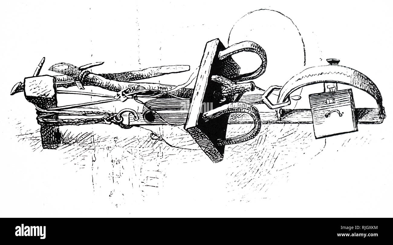 Une gravure illustrant différents pièges suspendus dans le hangar du garde-chasse. Illustré par Charles Whymper (1853-1941), un illustrateur et artiste britannique. En date du 19e siècle Banque D'Images