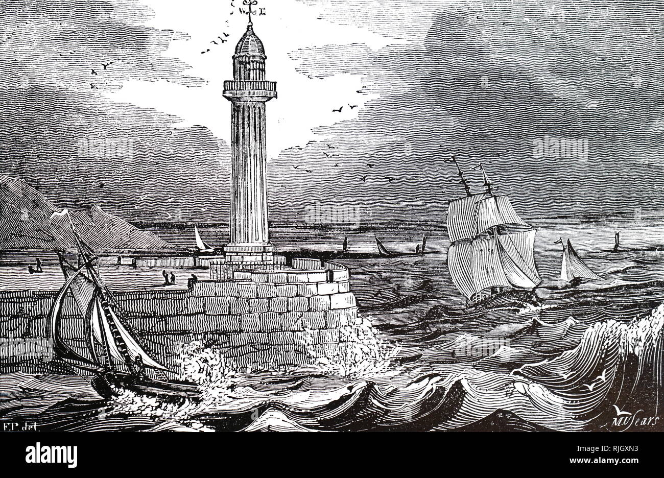 Une gravure illustrant la jetée et phare de Whitby, dans le Yorkshire. En date du 19e siècle Banque D'Images