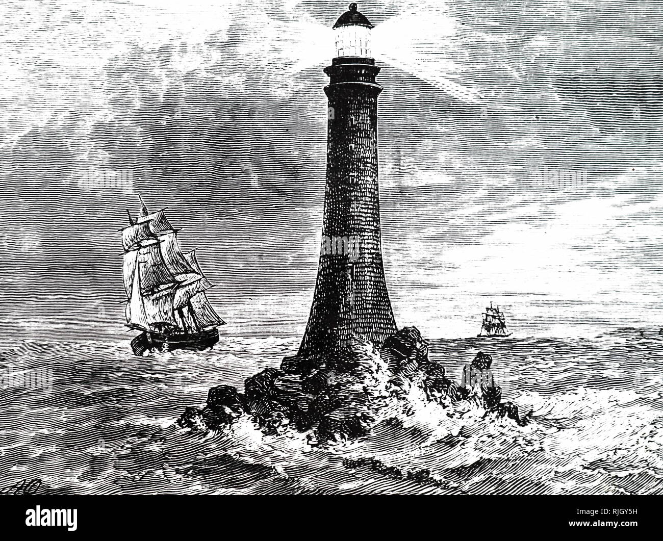 Une gravure représentant le phare de Bell Rock, situé près de la côte de l'Angus, Scotland, conçu par Robert Stevenson. Robert Stevenson (1772-1850) un ingénieur civil écossais et le célèbre concepteur et constructeur de phares. En date du 19e siècle Banque D'Images