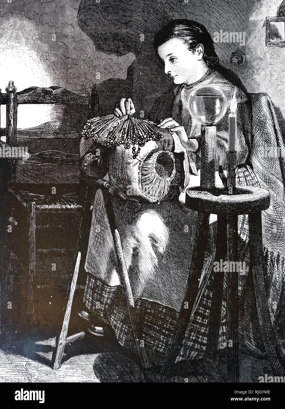Une gravure représentant une jeune femme en dentelle. La lumière de la bougie est condensé en le faisant passer dans un globe de verre rempli d'eau. En date du 19e siècle Banque D'Images