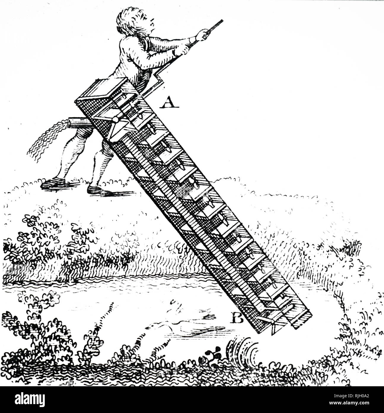 Une gravure sur bois représentant une vis d'archimède pour soulever l'eau. En date du 18e siècle Banque D'Images