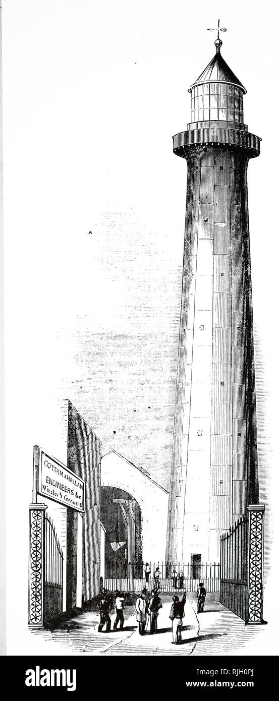 Une gravure représentant un phare construit en fonte par Cottam et Hallen, Londres. Érigée dans la cour près de Waterloo Bridge, avant d'être emballés et envoyés aux Bermudes. En date du 19e siècle Banque D'Images
