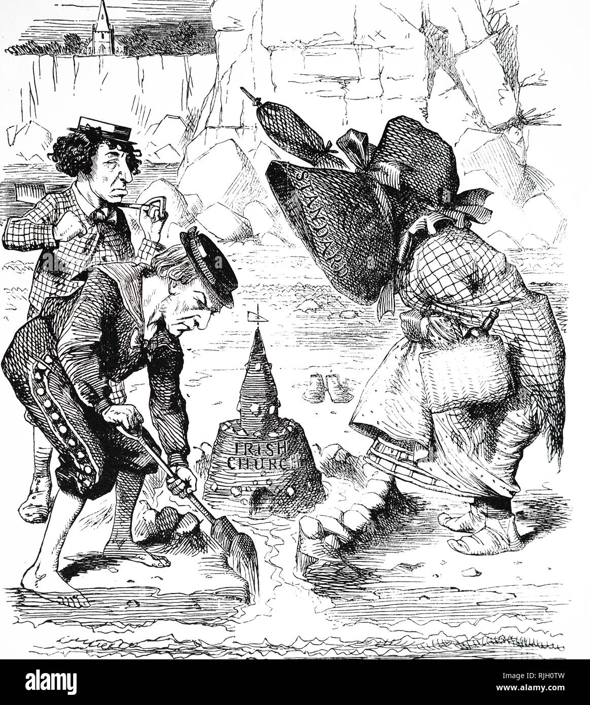 Commentaires sur un dessin de William Ewart Gladstone désétablissement de l'Église irlandaise. William Ewart Gladstone (1809-1898) un homme d'État britannique du parti libéral qui a servi comme Premier ministre de Grande-Bretagne. Illustré par John Tenniel (1820-1914), un illustrateur anglais, graphique, humoriste et caricaturiste politique. En date du 19e siècle Banque D'Images