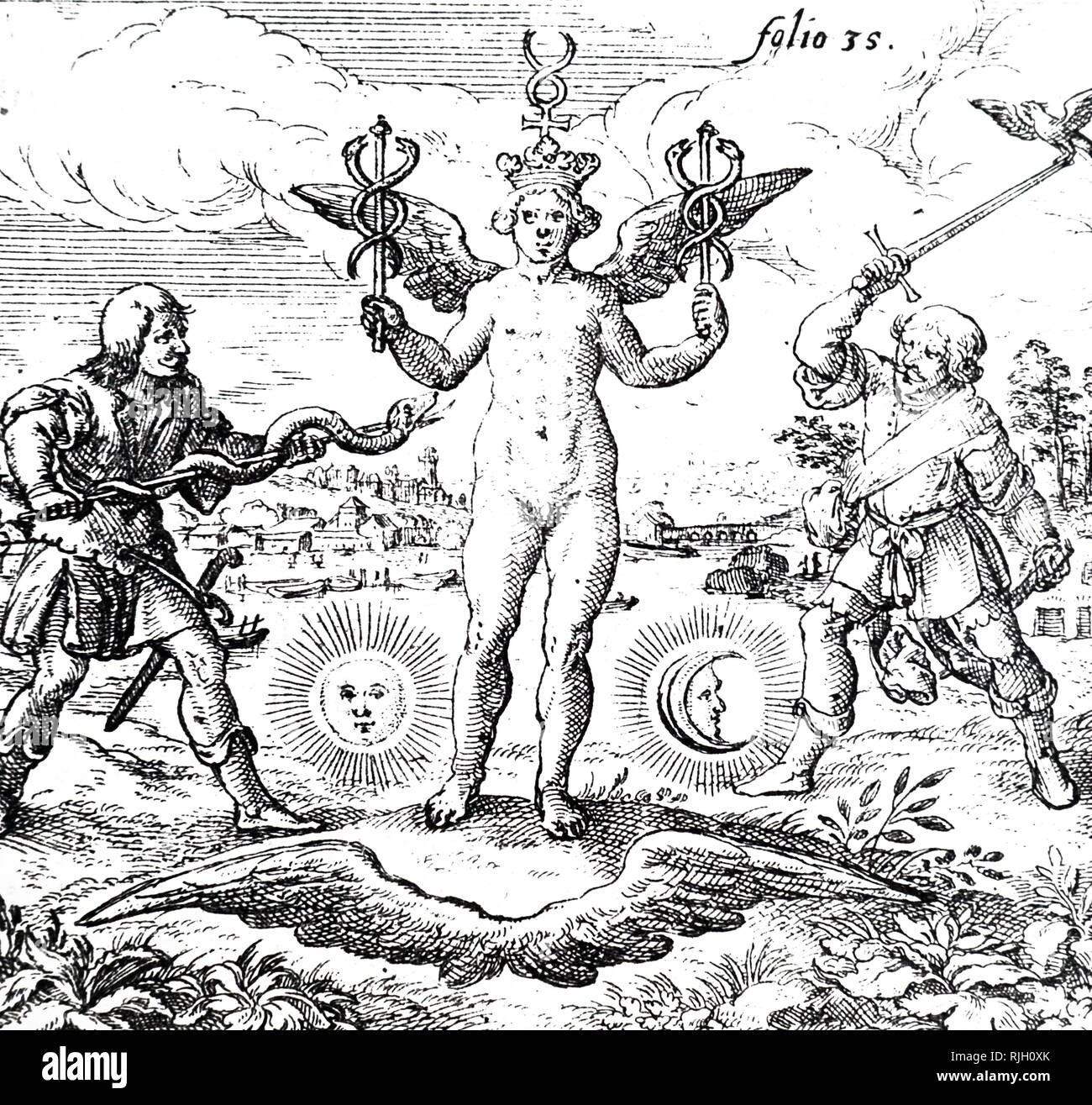 Une gravure sur bois représentant le dieu ailé de Mercure. Mercure, dieu patron de gain financier, du commerce, de l'éloquence (et donc de la poésie), les messages/communication (y compris la divination), les voyageurs, les frontières, la chance, la ruse et les voleurs ; il est aussi le guide des âmes aux enfers. En date du 17e siècle Banque D'Images