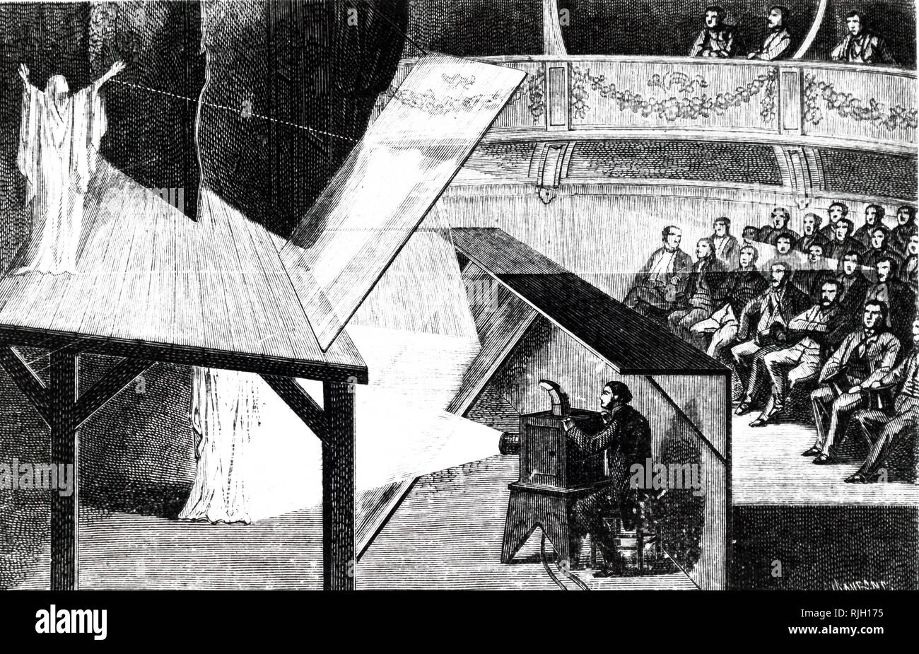 Une gravure illustrant la méthode connue sous le nom de "Pepper's Ghost'. L'image d'un "ghost" est projeté sur la scène avec l'utilisation de miroirs et de lumière réfléchie. À l'audience, le "ghost" semble être sur la scène. En date du 19e siècle Banque D'Images