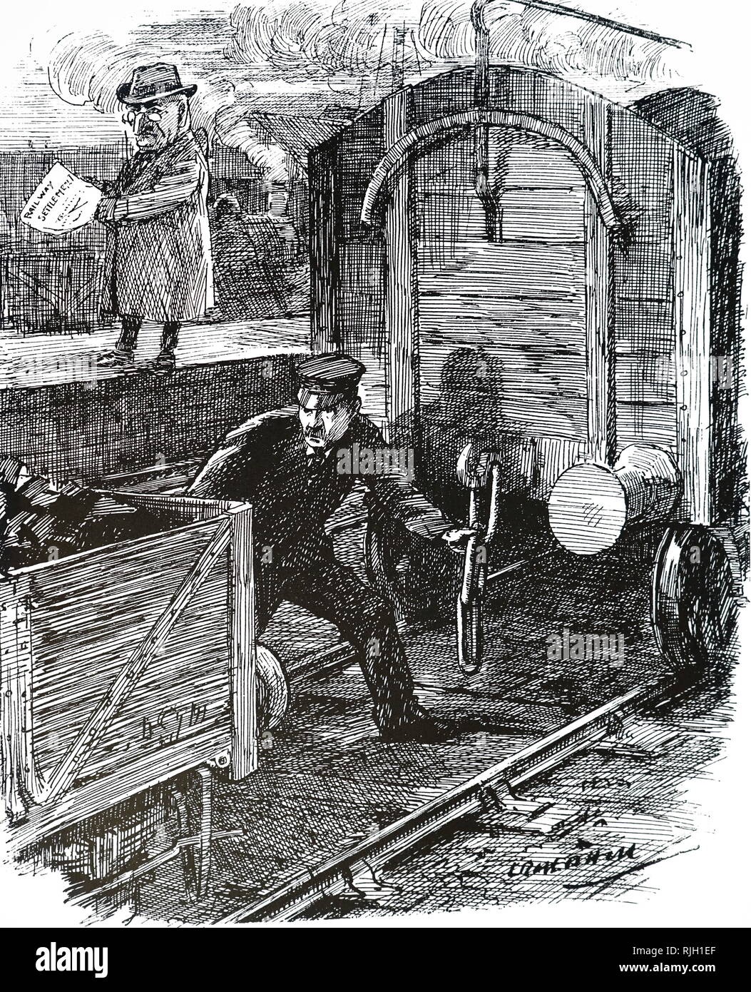 Commentaires sur une caricature du travailleur ferroviaire accidents. Illustrée par Leonard Raven-Hill (1867-1942) un artiste anglais, illustrateur et caricaturiste. En date du 20e siècle Banque D'Images