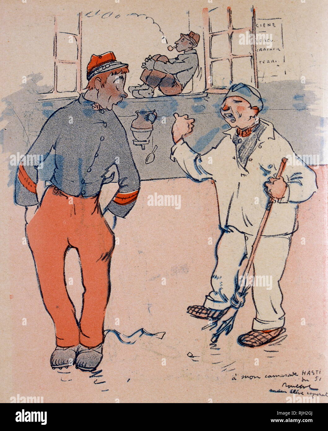 1906 Caricature montrant un nettoyant la conversation avec un soldat français hors-service Banque D'Images