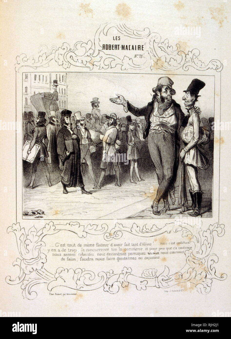 La série de Robert Macaire est hautement significatif. Composé et dessiné par Illustration de par Honoré Daumier, sur des idées et des légendes Philipon, sous le titre Les Cent et Robert Macaire (1839). Les grands dessins sont réduits et accompagnés d'une bande dessinée et narration écrits par des journalistes Maurice Alhoy et Louis Huart. Présenté avec insistance comme un avatar de Don Quichotte et Gil Blas, le personnage de Robert Macaire, en tandem avec le naïf Bertrand, incarne dans ses facettes et de multiples rôles Banque D'Images