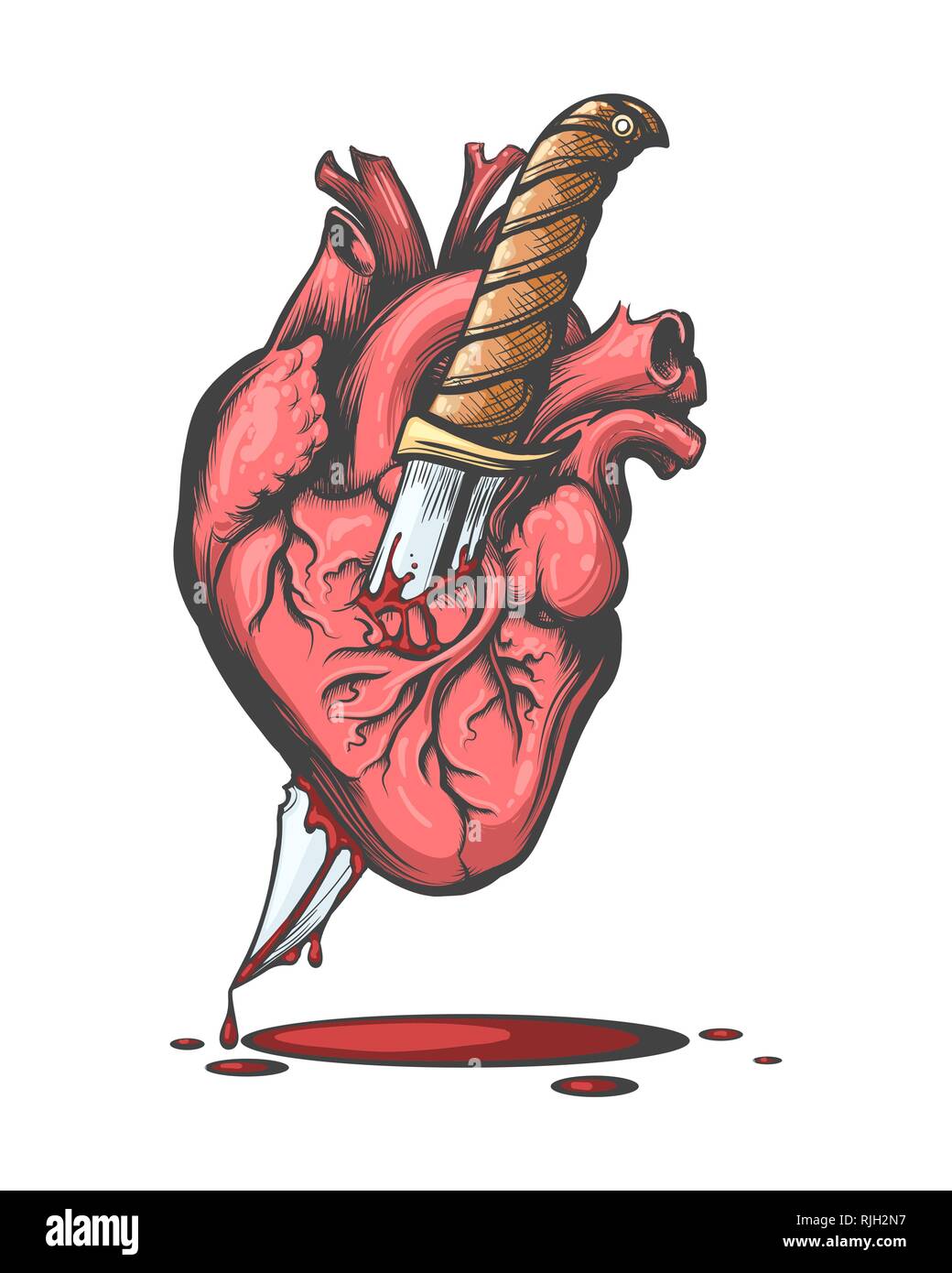 Des saignements Cœur percé par le couteau dessiné dans le style de tatouage. Vector illustration. Illustration de Vecteur
