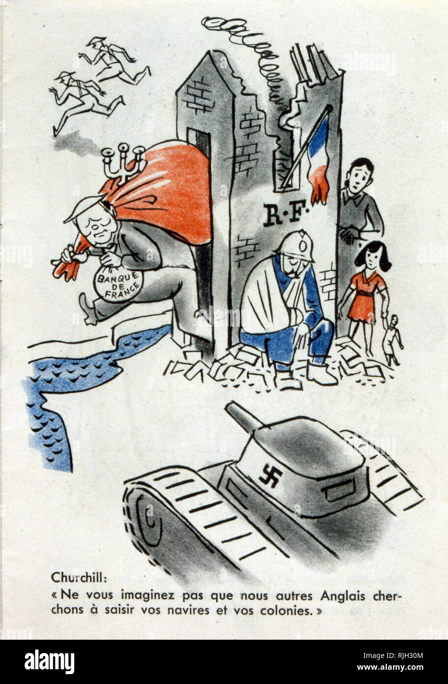 La deuxième guerre mondiale la propagande anti-britannique illustration imprimée en allemand de la France occupée. Montre Winston Churchill, dévaliser la banque de France 1941 Banque D'Images