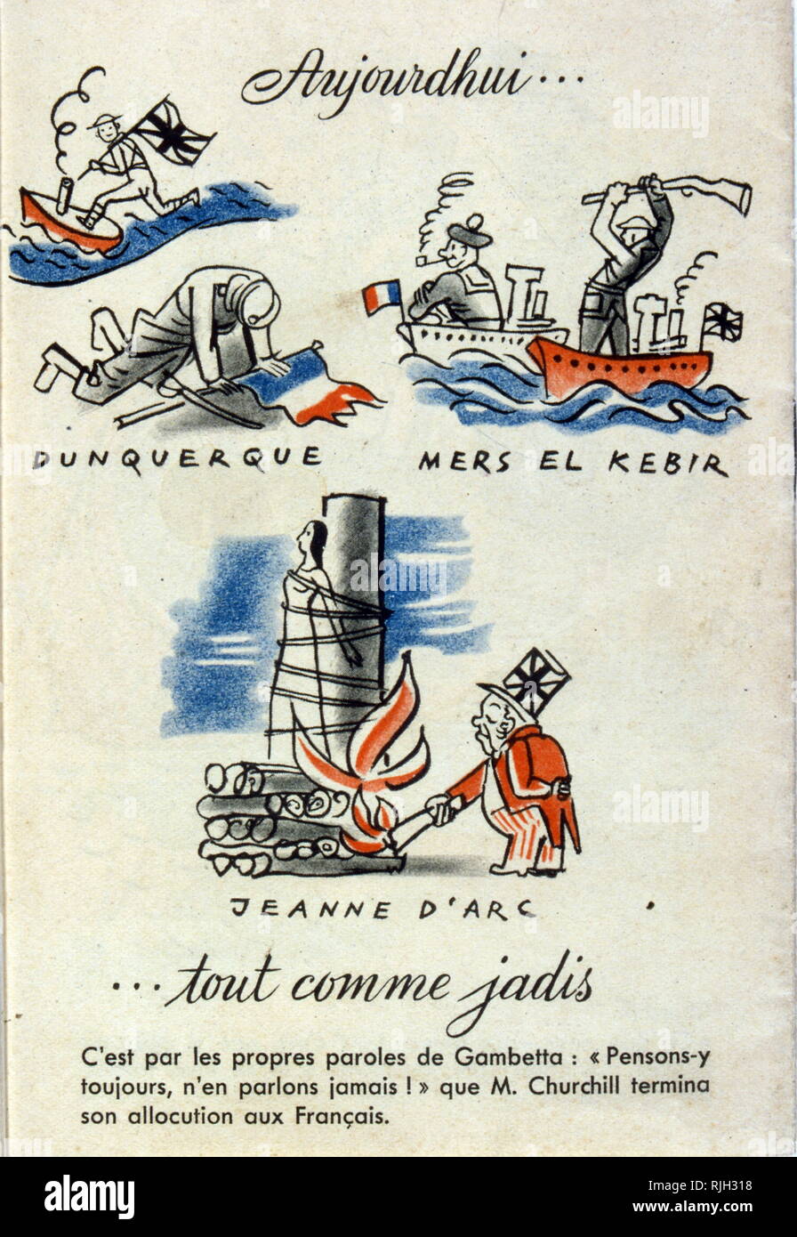 La deuxième guerre mondiale la propagande anti-britannique illustration imprimée en allemand de la France occupée. Montre Winston Churchill, de mettre le feu à la France comme elle est liée à un jeu. France 1941 Banque D'Images