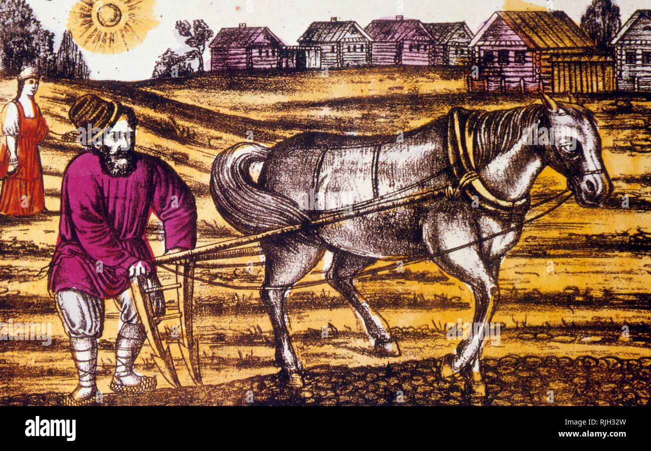 1860 gravure sur bois représentant un paysan russe travaillant le sol. Banque D'Images