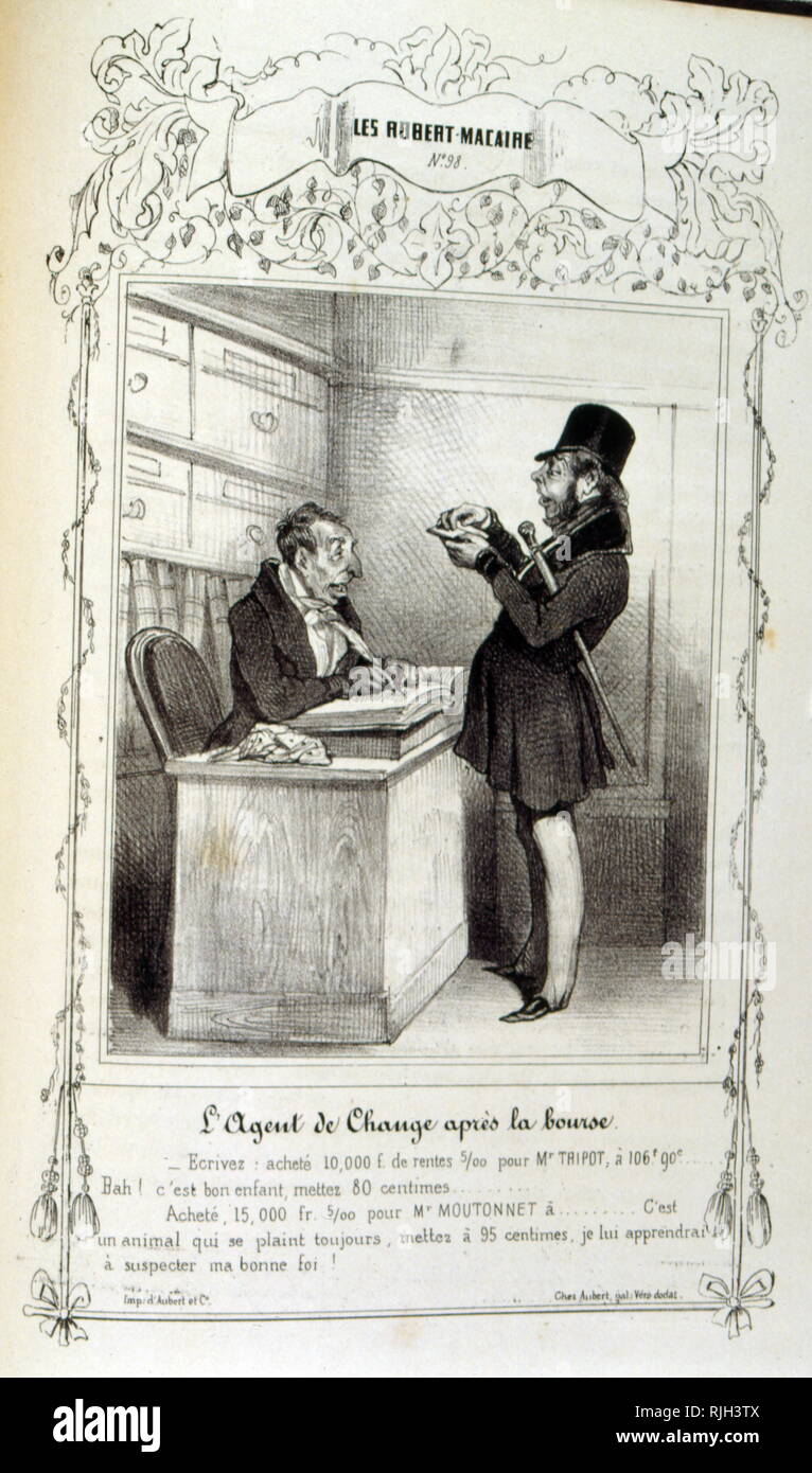 La série de Robert Macaire est hautement significatif. Composé et dessiné par Illustration de par Honoré Daumier, sur des idées et des légendes Philipon, sous le titre Les Cent et Robert Macaire (1839). Les grands dessins sont réduits et accompagnés d'une bande dessinée et narration écrits par des journalistes Maurice Alhoy et Louis Huart. Présenté avec insistance comme un avatar de Don Quichotte et Gil Blas, le personnage de Robert Macaire, en tandem avec le naïf Bertrand, incarne dans ses facettes et de multiples rôles Banque D'Images