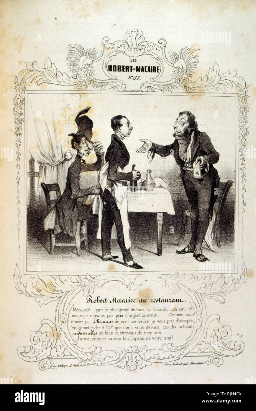 La série de Robert Macaire est hautement significatif. Composé et dessiné par Illustration de par Honoré Daumier, sur des idées et des légendes Philipon, sous le titre Les Cent et Robert Macaire (1839). Les grands dessins sont réduits et accompagnés d'une bande dessinée et narration écrits par des journalistes Maurice Alhoy et Louis Huart. Présenté avec insistance comme un avatar de Don Quichotte et Gil Blas, le personnage de Robert Macaire, en tandem avec le naïf Bertrand, incarne dans ses facettes et de multiples rôles Banque D'Images