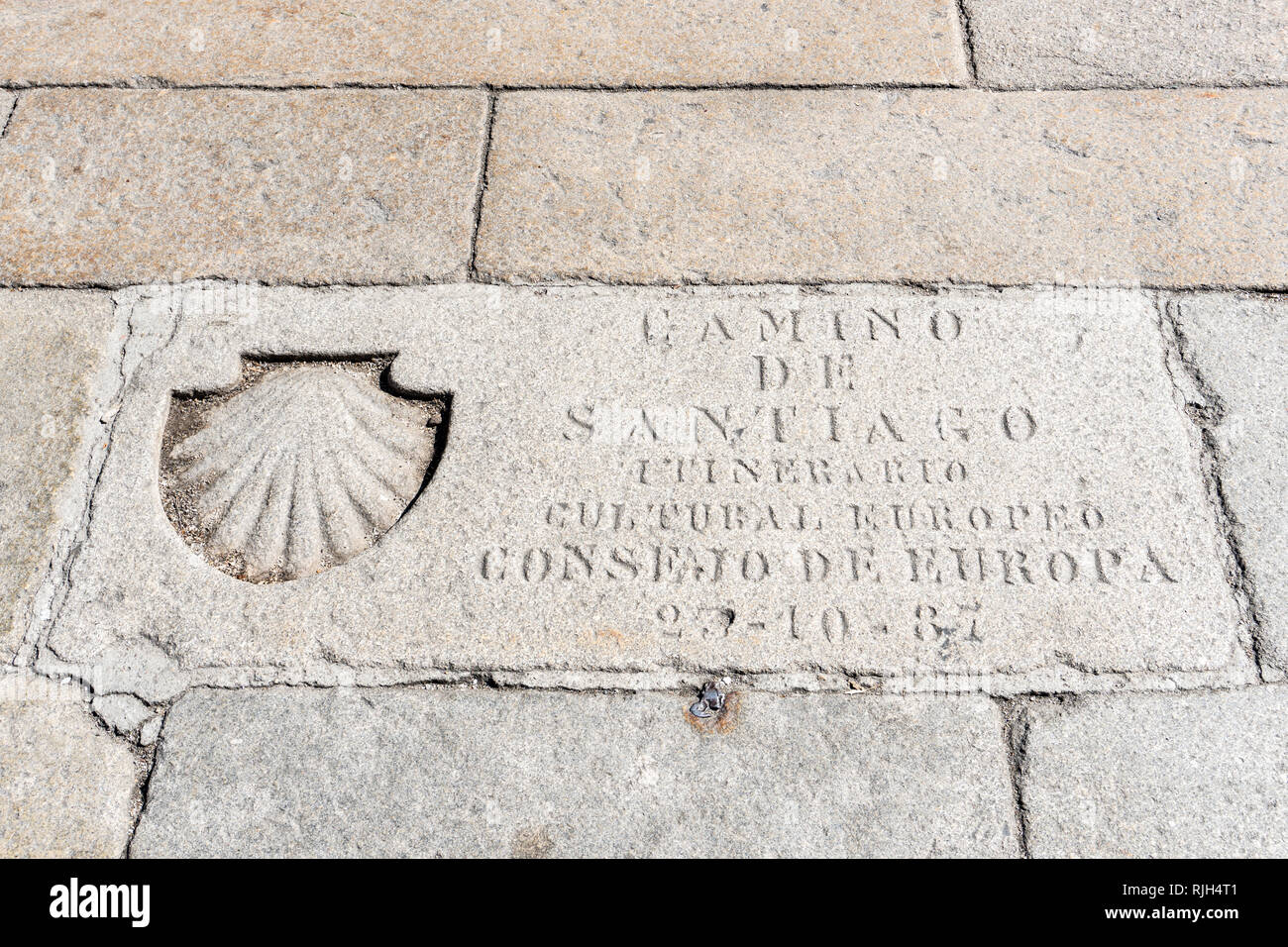 Chemin St Shell symbole et texte gravé dans un pavé de l'Obradoiro, Santiago de Compostelle, Galice, Espagne. Camino de Santiago, Pilgrim Banque D'Images