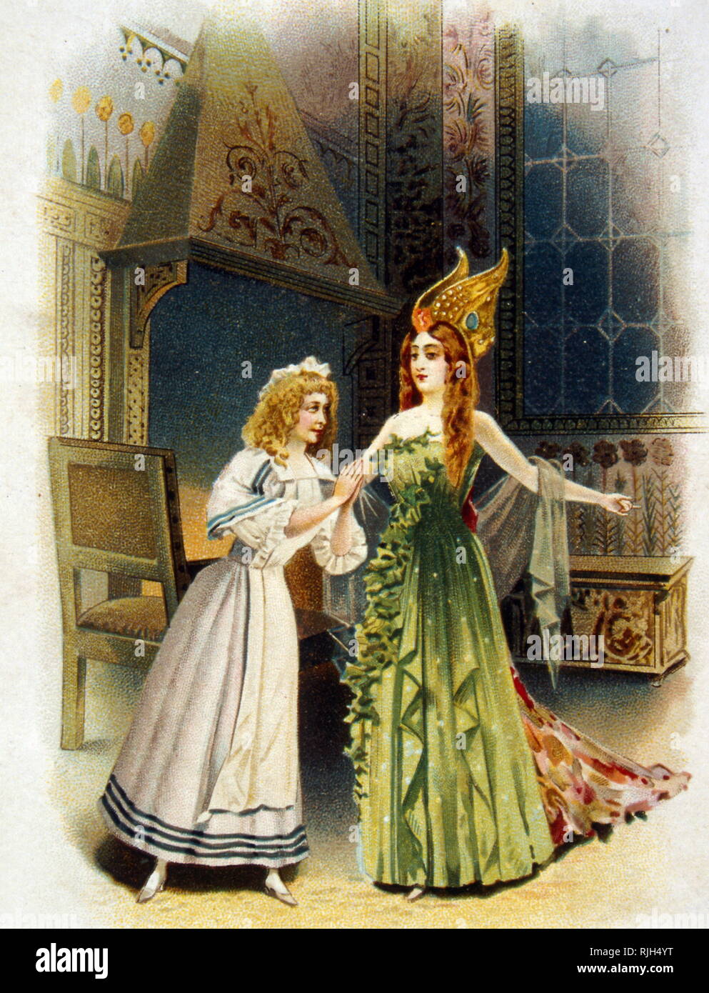 Chromolithographie de l'histoire de Cendrillon (Cinderella). La bonne fée marraine de Cendrillon visites. 1900 Banque D'Images