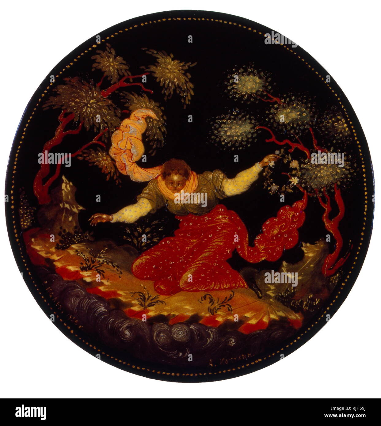 Un 'russe' Palekh plateau laqué vers 1970. représentant une scène de l'histoire de la Russie médiévale. Laque russe qui s'est développé à partir de l'icône de l'art de la peinture qui ont pris fin avec l'effondrement de l'Empire russe. l'art de faire de papier mâché boîtes décoratives et des panneaux avancés Banque D'Images