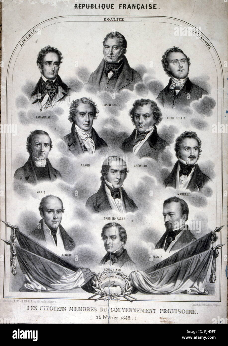 Les membres du Gouvernement provisoire de la France 1848 ( 24 février - mai 9 , 1848) ; mis en place après la révolution de février 1848. Portraits en médaillon : : Jacques Charles Dupont, Alphonse de Lamartine, Adolphe Crémieux, François Arago, Alexandre Ledru-Rollin, Louis-Antoine Garnier-Pages, Pierre Marie, Armand Marrast, Louis Blanc, Ferdinand Flocon, Alexandre Martin, et Martin, Alexandre-Albert (surnommé Albert travailleur). Banque D'Images