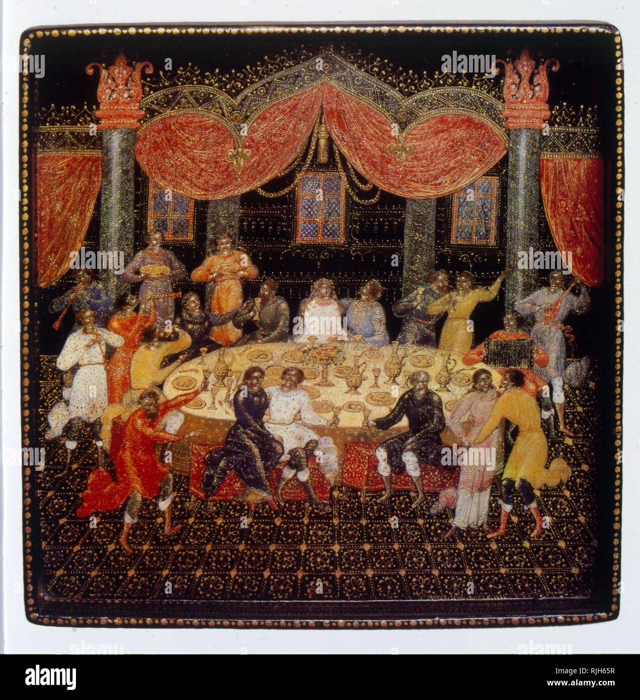 Un 'russe' Palekh Plateau laqué vers 1970. représentant une scène de l'histoire de la Russie médiévale. Laque russe qui s'est développé à partir de l'icône de l'art de la peinture qui ont pris fin avec l'effondrement de l'Empire russe. l'art de faire de papier mâché boîtes décoratives et des panneaux avancés Banque D'Images