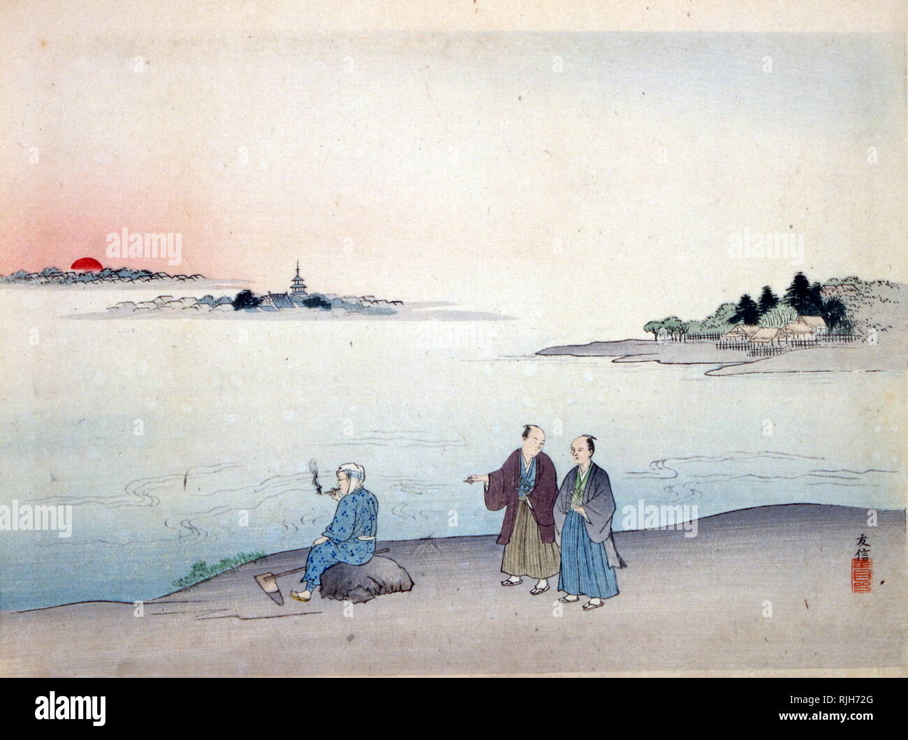 La peinture japonaise vers 1870 montrant deux hommes passent à côté d'un lac au coucher du soleil. Un troisième homme fume la pipe Banque D'Images