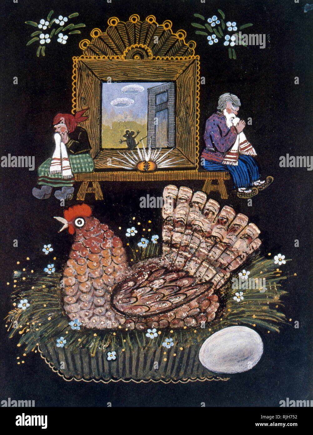 La poule et l'œuf d'or. Illustration pour un conte russe populaire. En 1964, Iouri Vasnetsov (1900-1973), graphiste et peintre soviétique. Son travail était étroitement liée avec les traditions de l'art populaire russe Banque D'Images