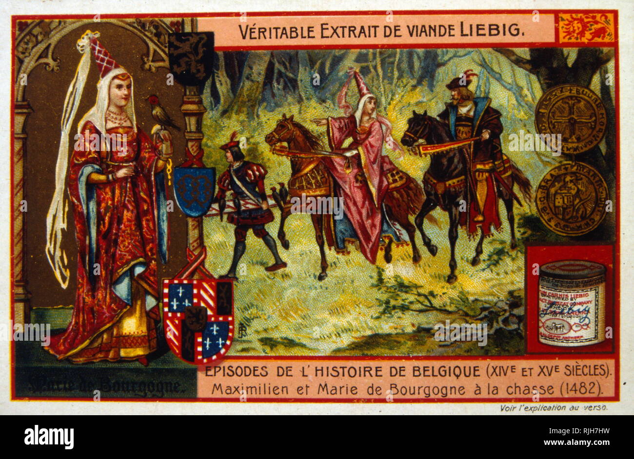 Carte Liebig montrant Maximilien et de Marie de Bourgogne, (1477) mariés. Maximilien I (22 mars 1459 - 12 janvier 1519) Le Saint Empereur Romain de 1508 jusqu'à sa mort. Mary (Marie) 1457 - 1482), duchesse de Bourgogne. Banque D'Images