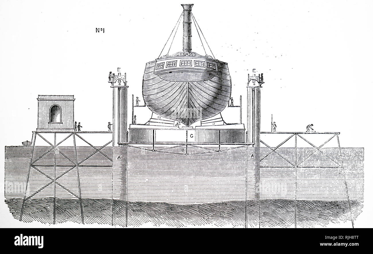 Une gravure représentant un ascenseur hydraulique au Victoria Docks, conçu par Edwin Clark (1814-1894) un ingénieur civil anglais. En date du 19e siècle Banque D'Images