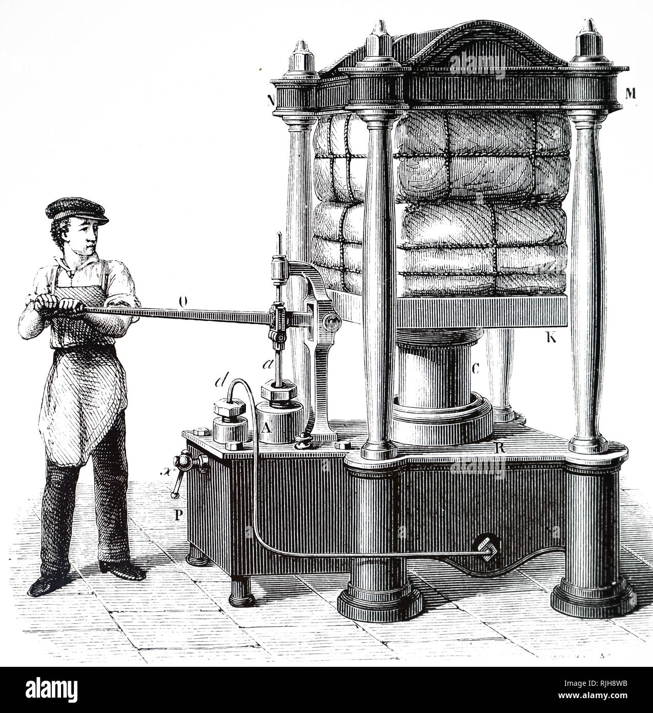 Une gravure représentant une main-powered presse hydraulique : matière à  être comprimé est placé sur une plaque qui est soulevé et abaissé par piston,  c, qui descend dans un réservoir d'eau. Le