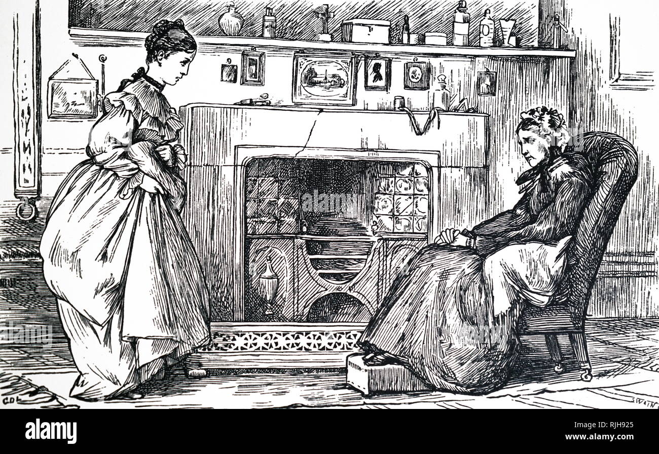 Une gravure représentant une femme âgée en face de sa chambre, le feu, de médicaments et d'une croix s'asseoir sur la cheminée, et une jeune femme s'occupe de ses besoins. Illustré par George Leslie Dunlop (1835-1921) un peintre de genre anglais, l'auteur et illustrateur. En date du 19e siècle Banque D'Images