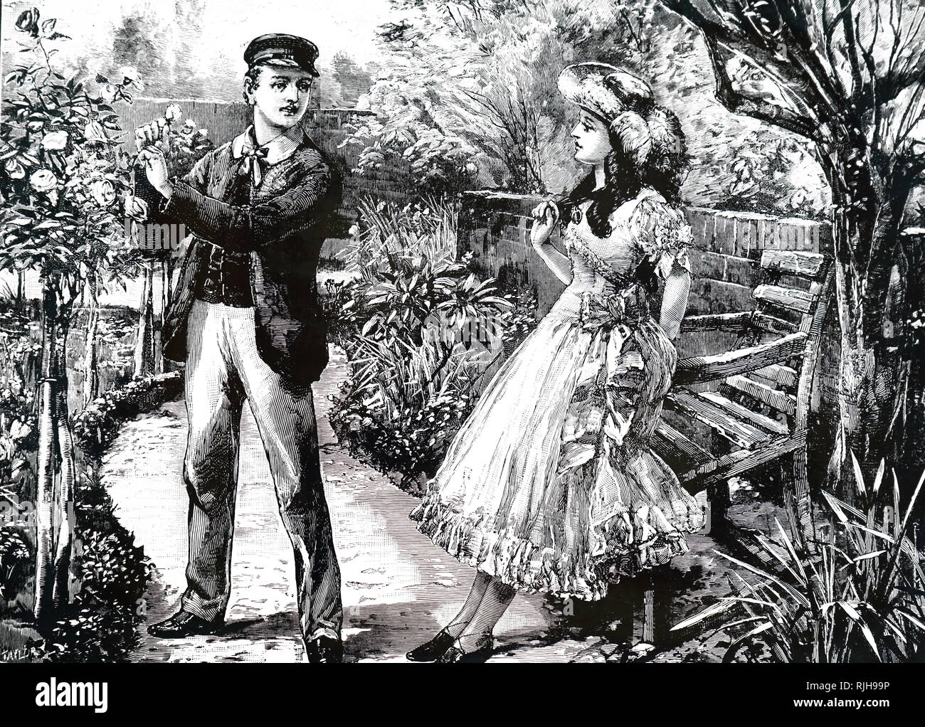 Une gravure représentant un plumage des jeunes une rose à un standard de présenter à la fille qu'il aime. En date du 19e siècle Banque D'Images