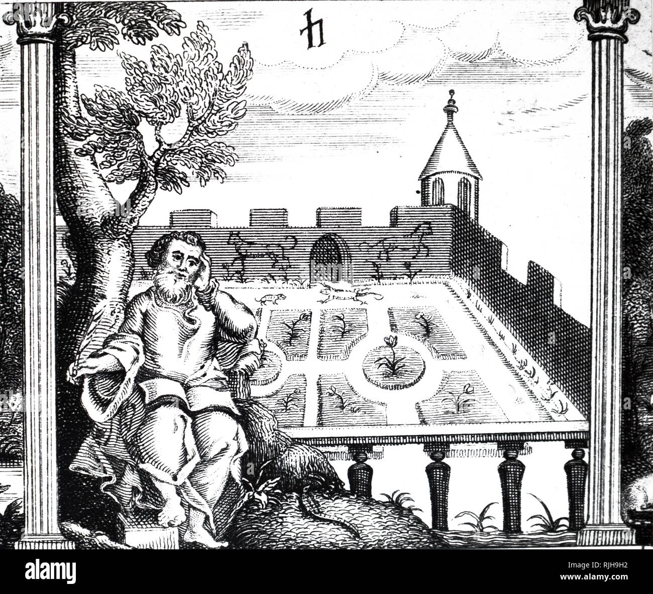 Une gravure sur bois représentant un jardin clos avec gazebo. Un détail du frontispice de Robert Burton, c'est 'l'anatomie de la mélancolie", publié initialement en 1621. En date du 19e siècle Banque D'Images