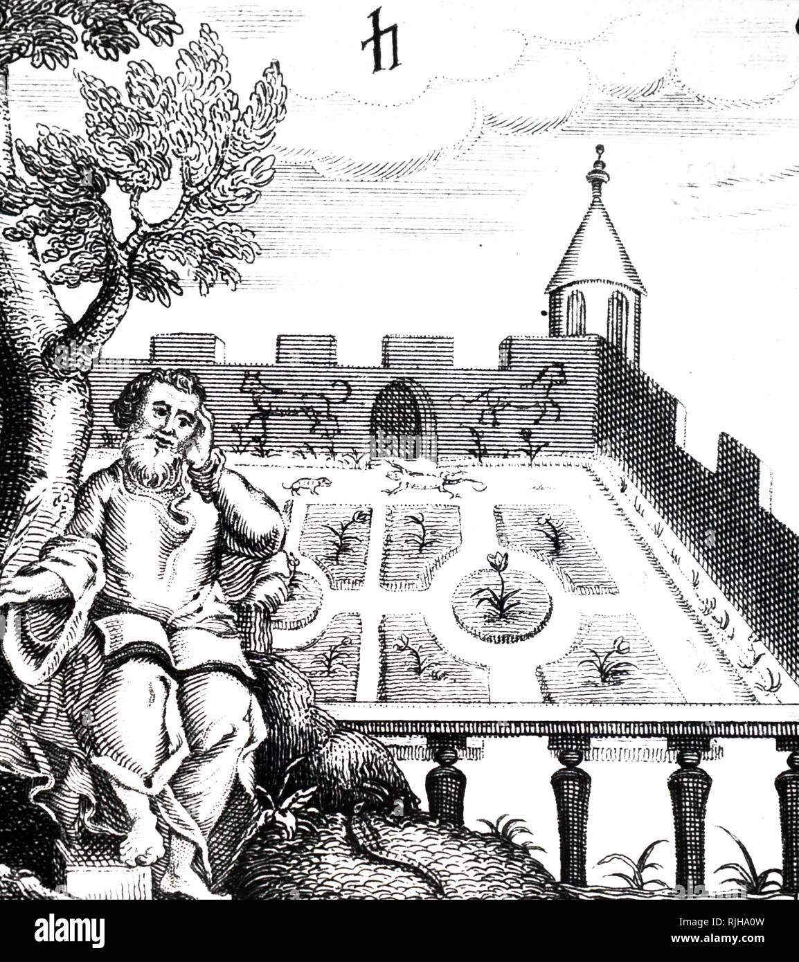 Une gravure sur bois représentant un jardin clos avec gazebo. Un détail du frontispice de Robert Burton, c'est 'l'anatomie de la mélancolie", publié initialement en 1621. En date du 19e siècle Banque D'Images