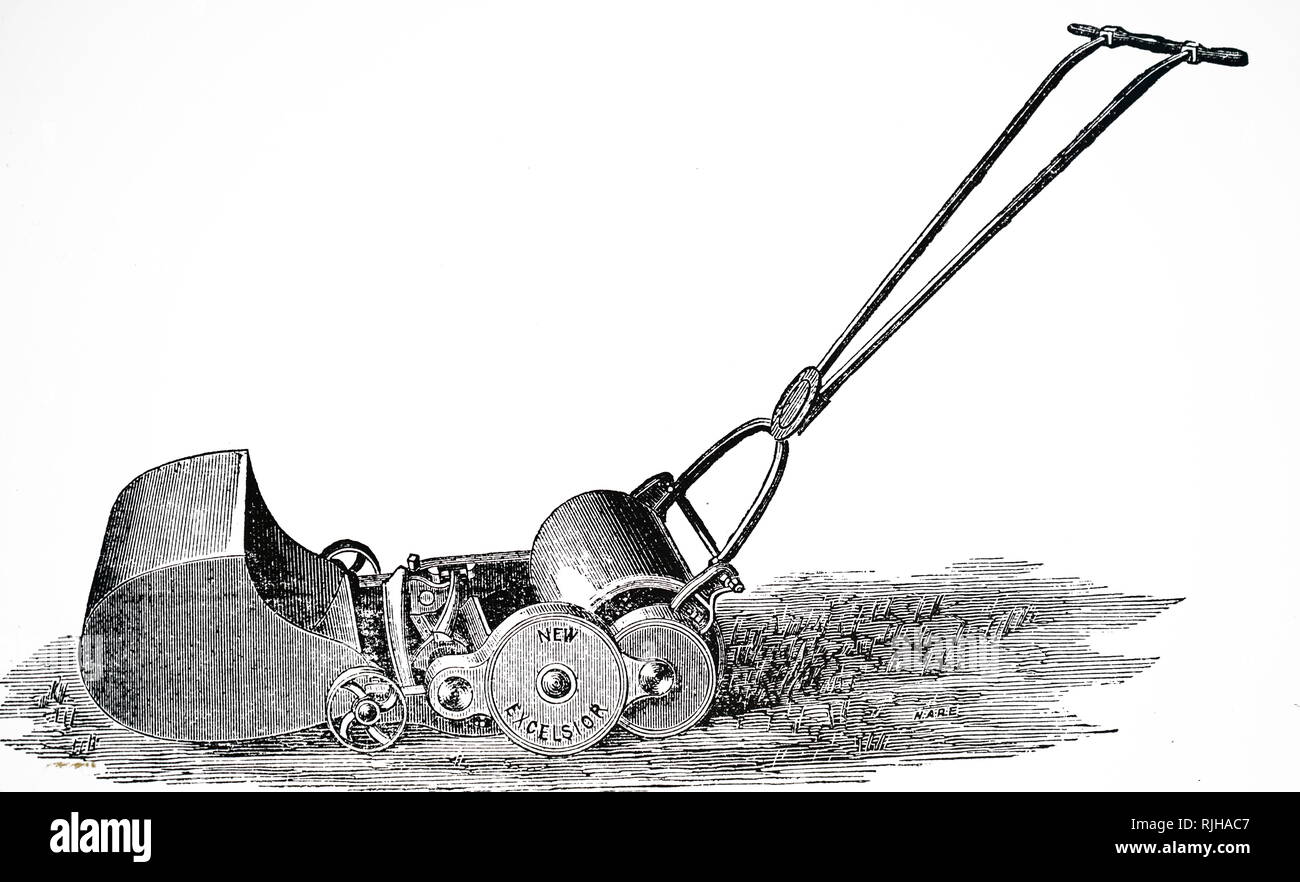 Une gravure représentant l'Excelsior tondeuse avec une boîte pour la collecte des tontes. La faucheuse était un cylindre machine mais n'avait pas de galet en avant de la pince coupante. En date du 19e siècle Banque D'Images