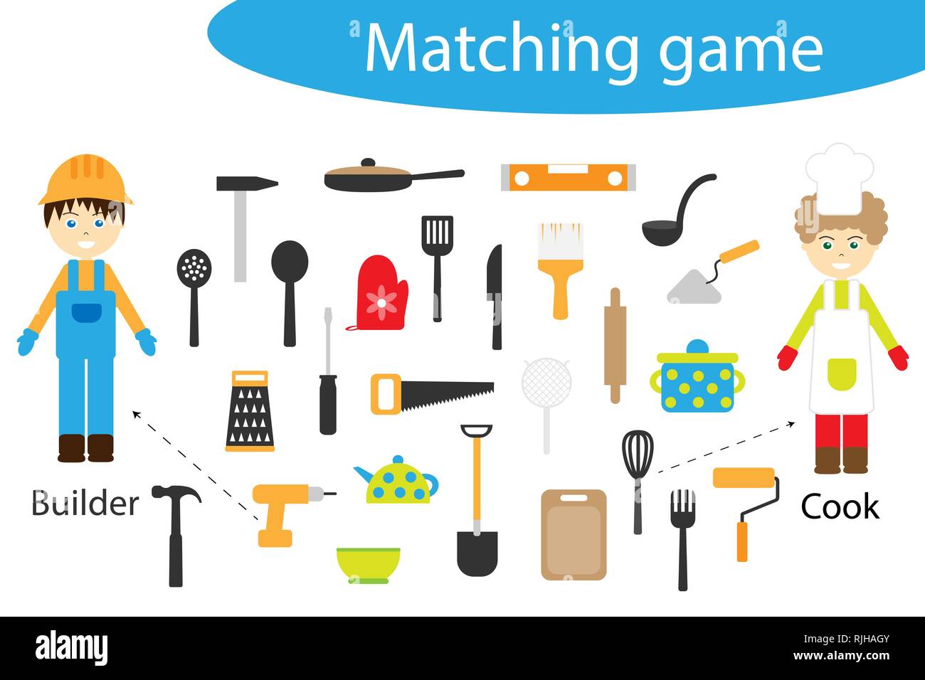Jeu de correspondance de profession pour les enfants, connecter les choses avec besoin de profession, l'exercice pour les enfants d'âge préscolaire, une tâche logique pour le développement de Illustration de Vecteur
