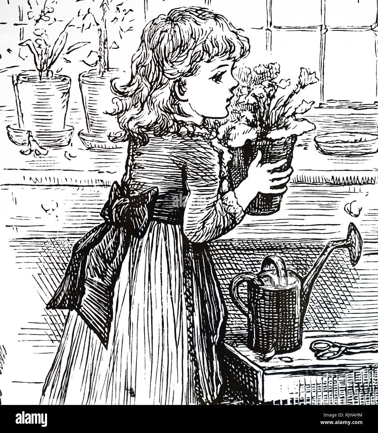 Une gravure représentant une jeune fille portant une plante en pot. En date du 19e siècle Banque D'Images