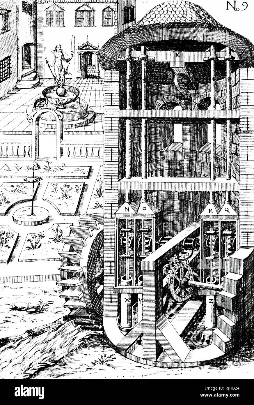 Dessin montrant Pompes alimenté par une roue à eau undershot utilisée pour élever l'eau au réservoir à l'K afin d'exploiter des fontaines dans la cour et les jardins ornementaux en arrière-plan. À partir d'une édition allemande de Agostino Ramelli et diversifié Le artificiose machine, publié en 1620. Banque D'Images